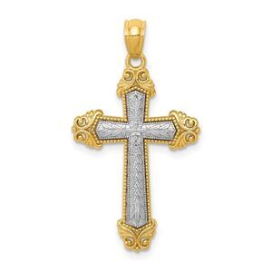 14k Two Tone Gold Ornate Cross Pendant, 17 x 31mm